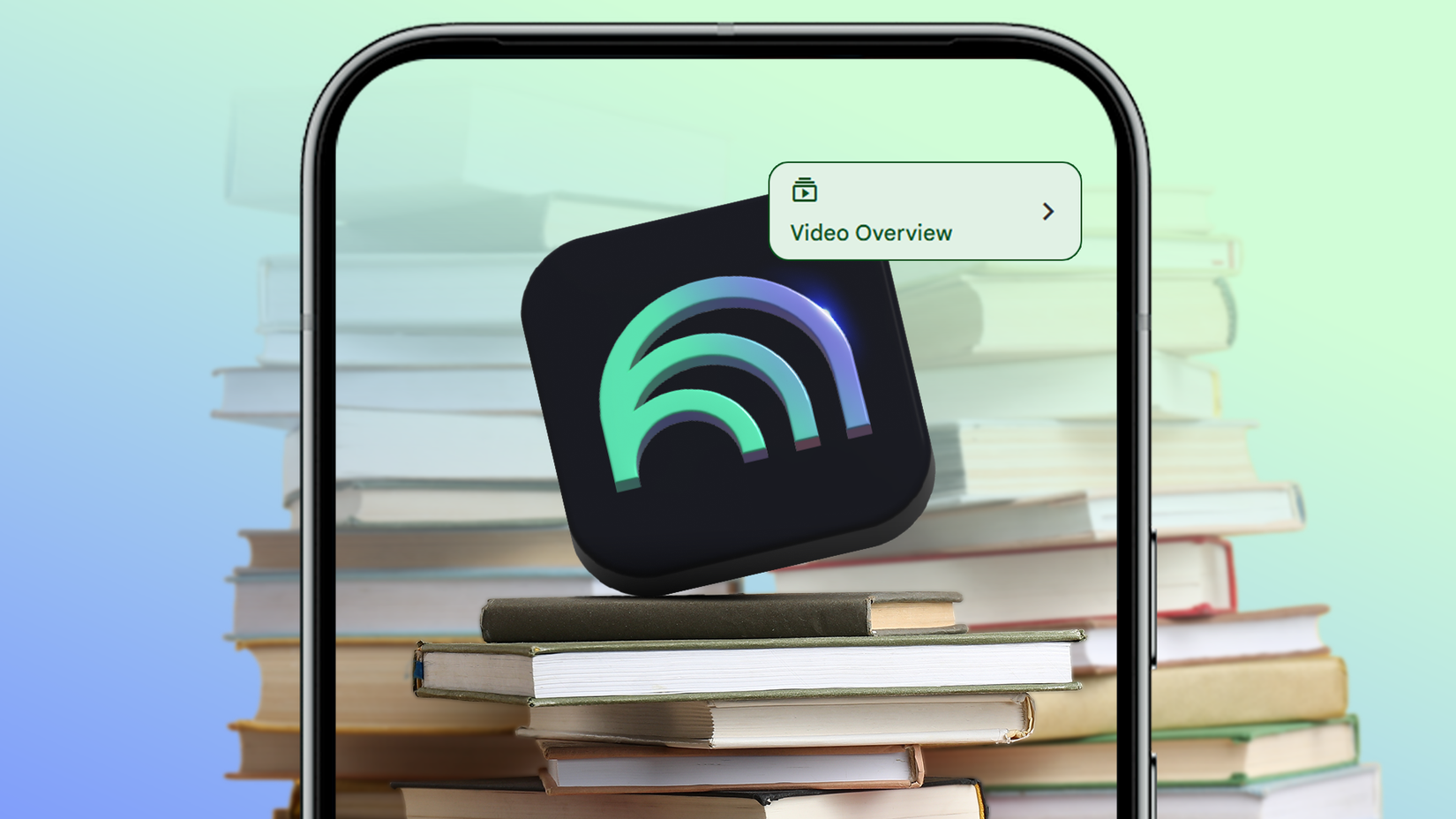 Una pila di libri con il logo NotebookLM e l’etichetta “Panoramica video”.