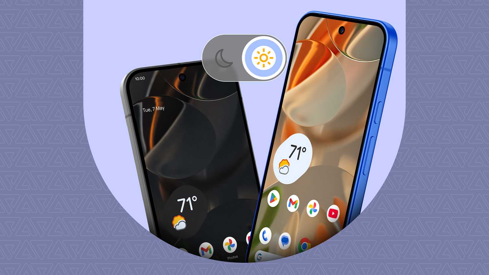 Two Google Pixel smartphones each with a different theme of dark and light mode