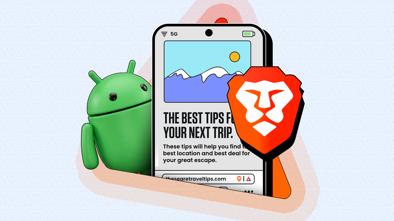 Android mascot beside a phone with the Brave logo