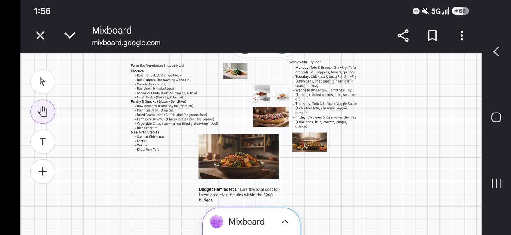 visualização paisagem de um mixboard no navegador Android