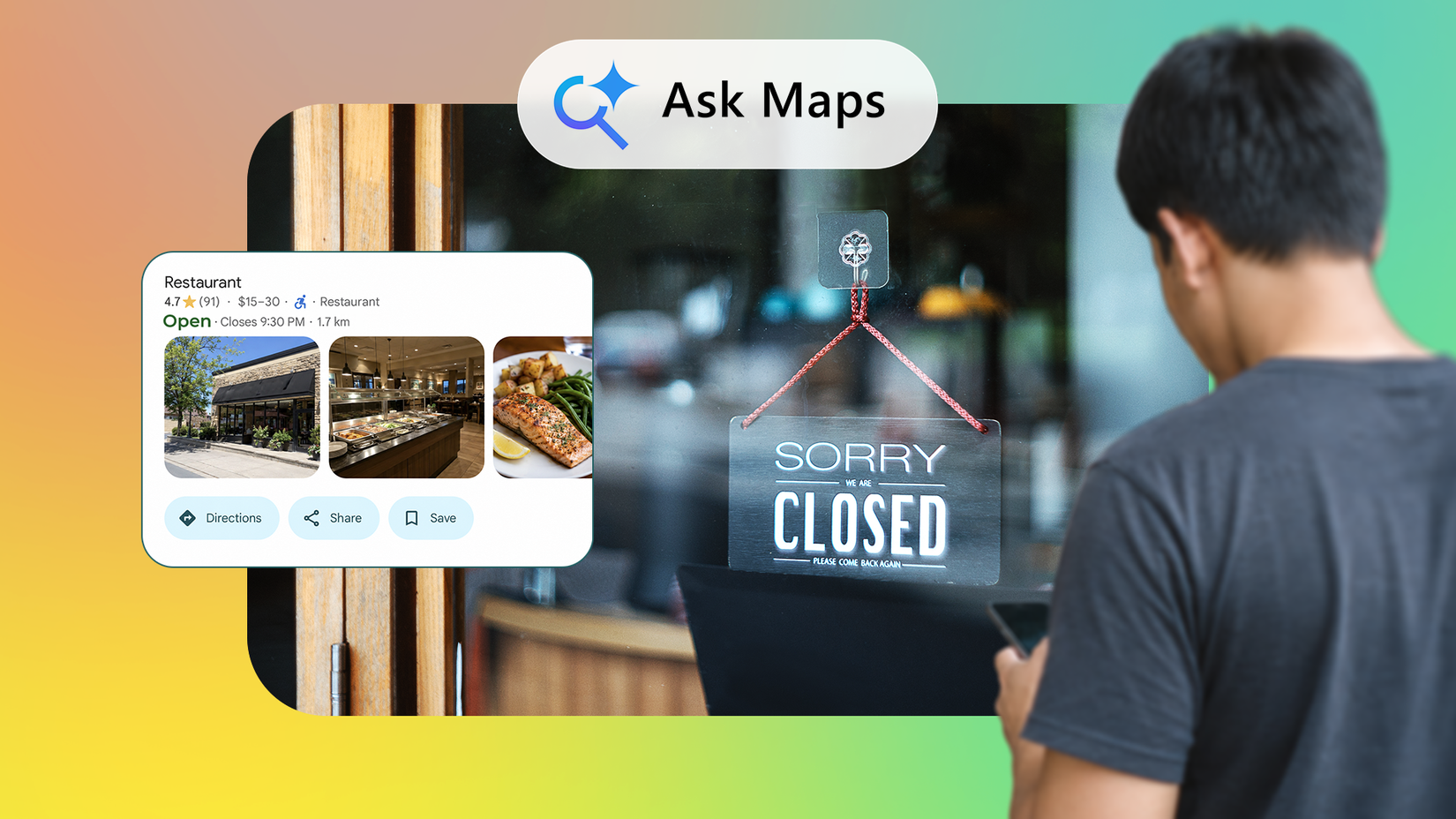 Ask Maps suggesting a restaurant with a closed sign on the door.