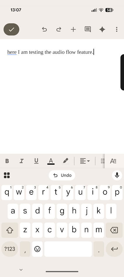 text in document with keyboard open