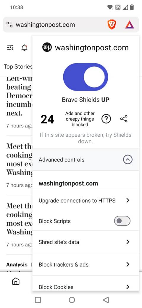 Screenshot showing the ads and trackers blocked by Brave Android app
