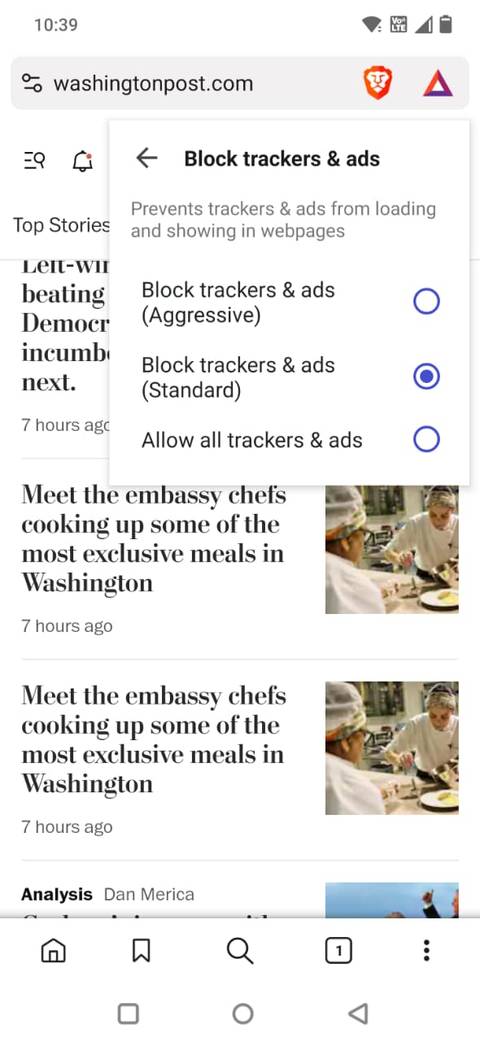 Screenshot showing the ads blocker options in the Brave Android app