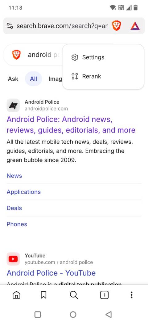 Screenshot shoiwng the Rerank option in Brave Search