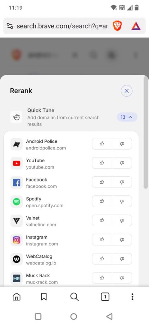 Screenshot showing the Rerank like and dislike options in Brave Search