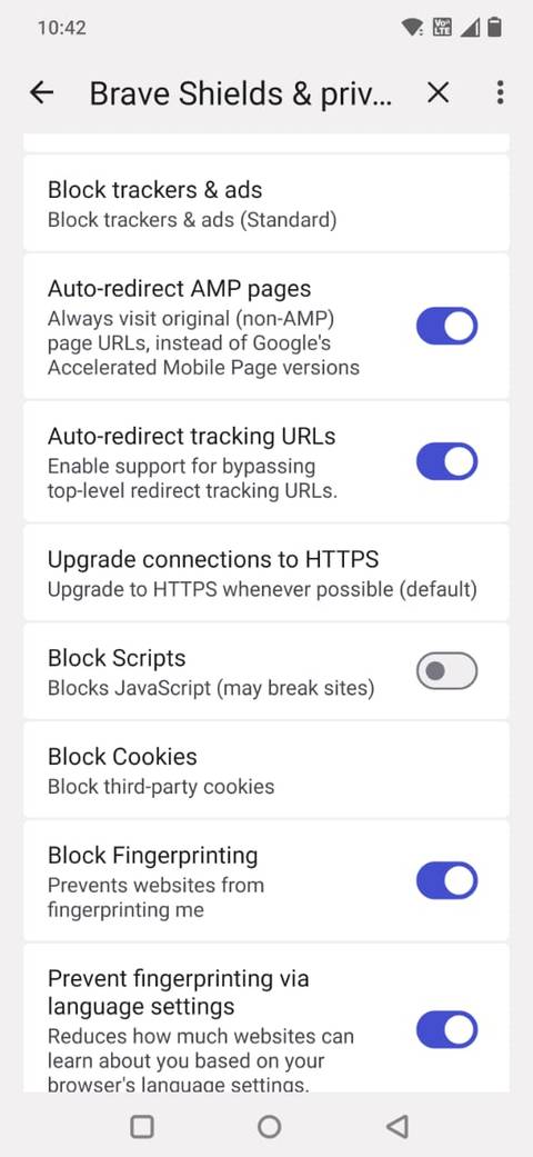 Screenshot showing the settings menu in the Brave Android app