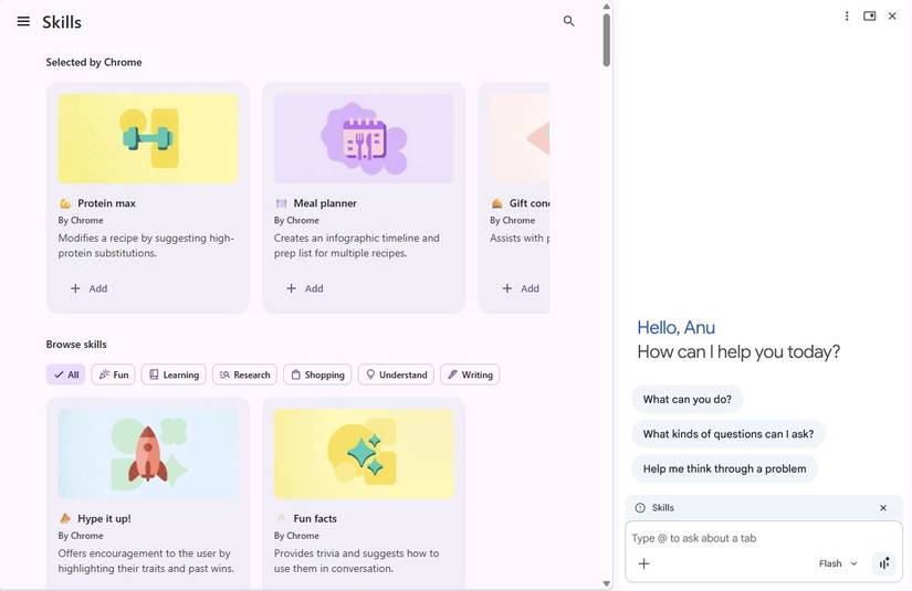 Captura de tela mostrando habilidades personalizadas pré-criadas no Chrome