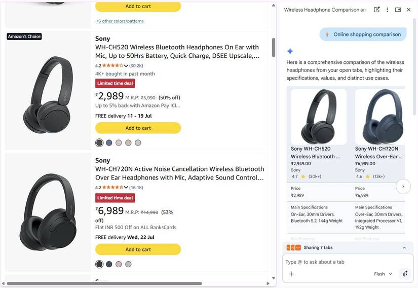 Captura de tela mostrando uma habilidade de comparação de compras no Chrome