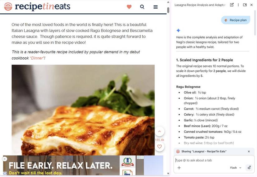 Captura de tela mostrando uma habilidade de plano de culinária no Chrome