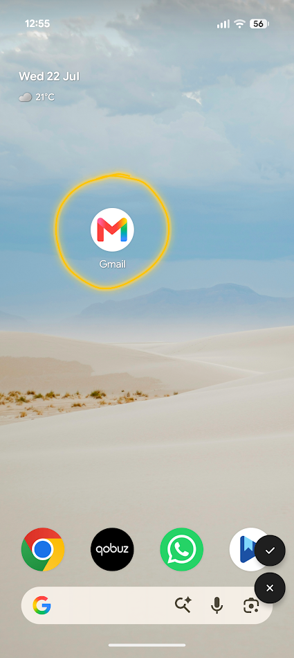 android home screen with yellow circle drawn around gmail app