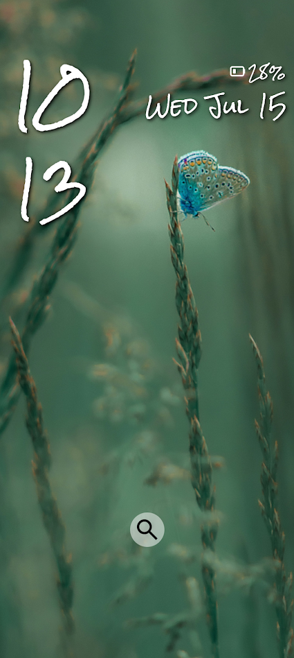 date and time in handwritten font on wallpaper of grass and a blue butterfly