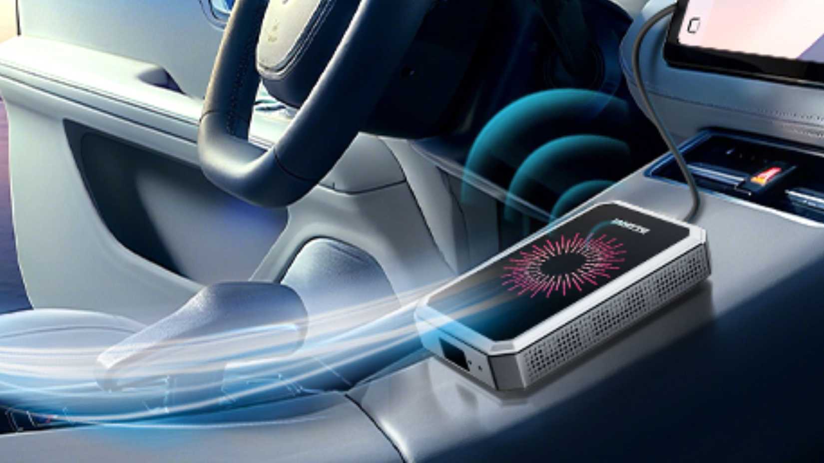 LAMTTO Wireless CarPlay Adapter in the car broadcasting frequencies