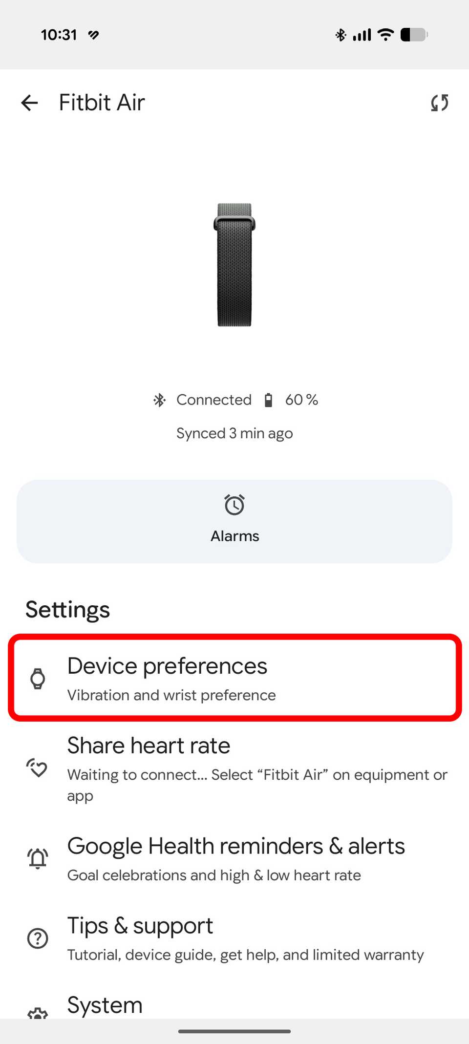 Device preferences highlighted in the Google Health app with Fitbit Air connected