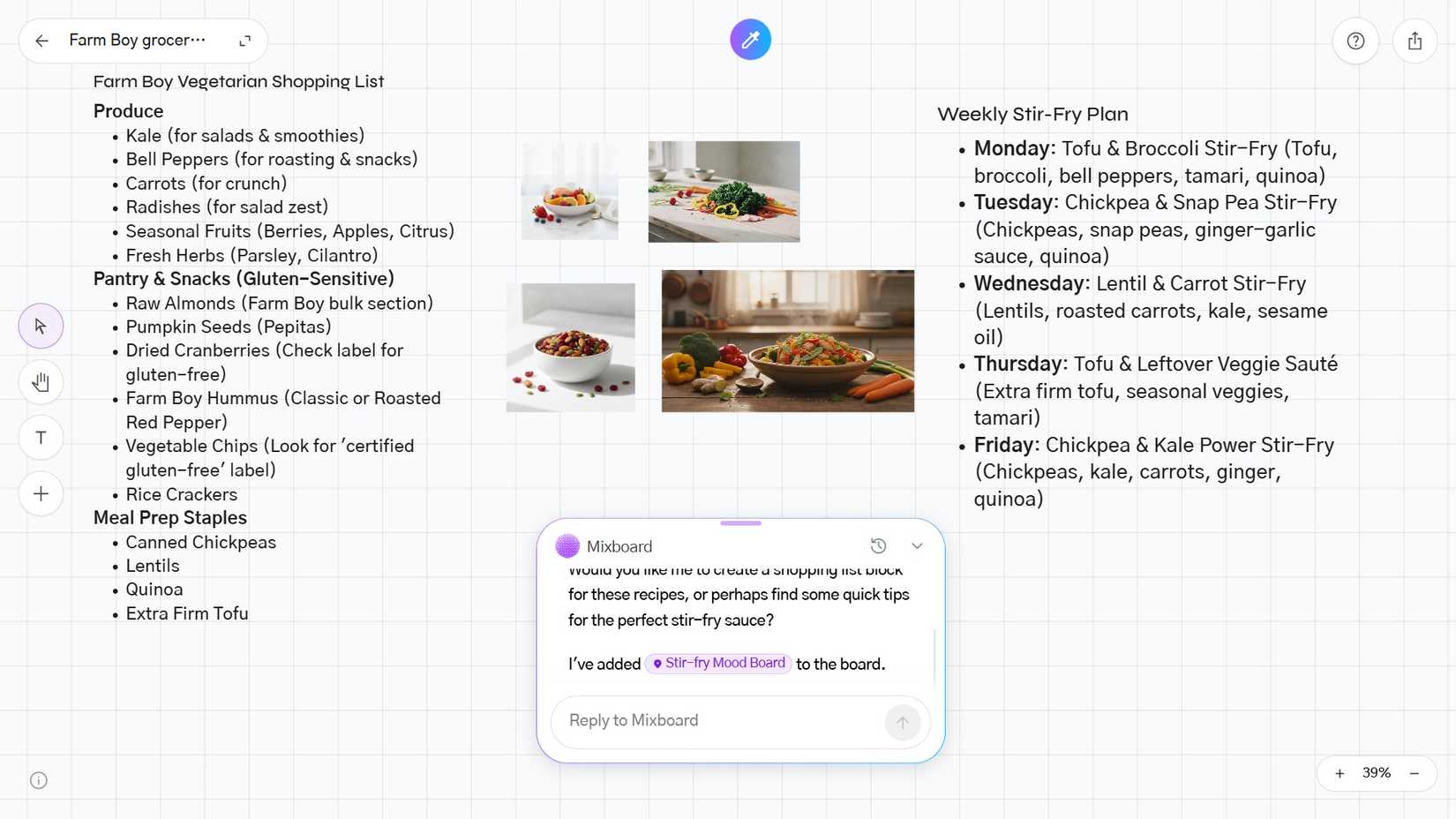 planejamento de refeições para o fim de semana usando Mixboard AI na web