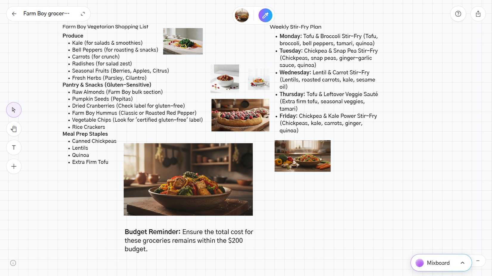 um mixboard gerado com imagens e refeições com compras de supermercado e lembrete de orçamento
