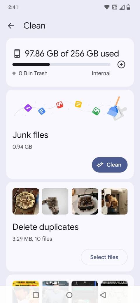 Screenshot showing the Junk files section in Files by Google