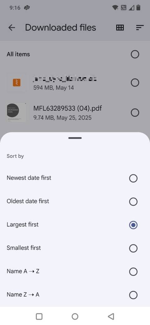 Screenshot showing how to sort the Downloads file in Files by Google