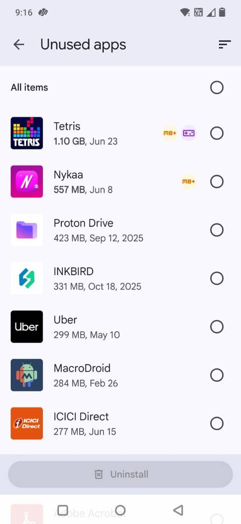 Screenshot showing the least used apps in Files by Google