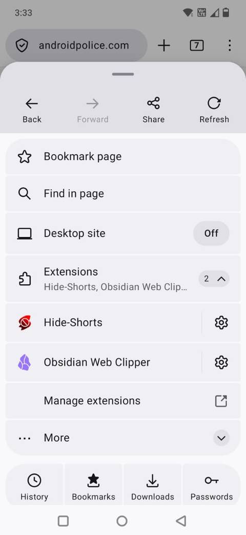 Screenshot showing the Firefox browser settings menu