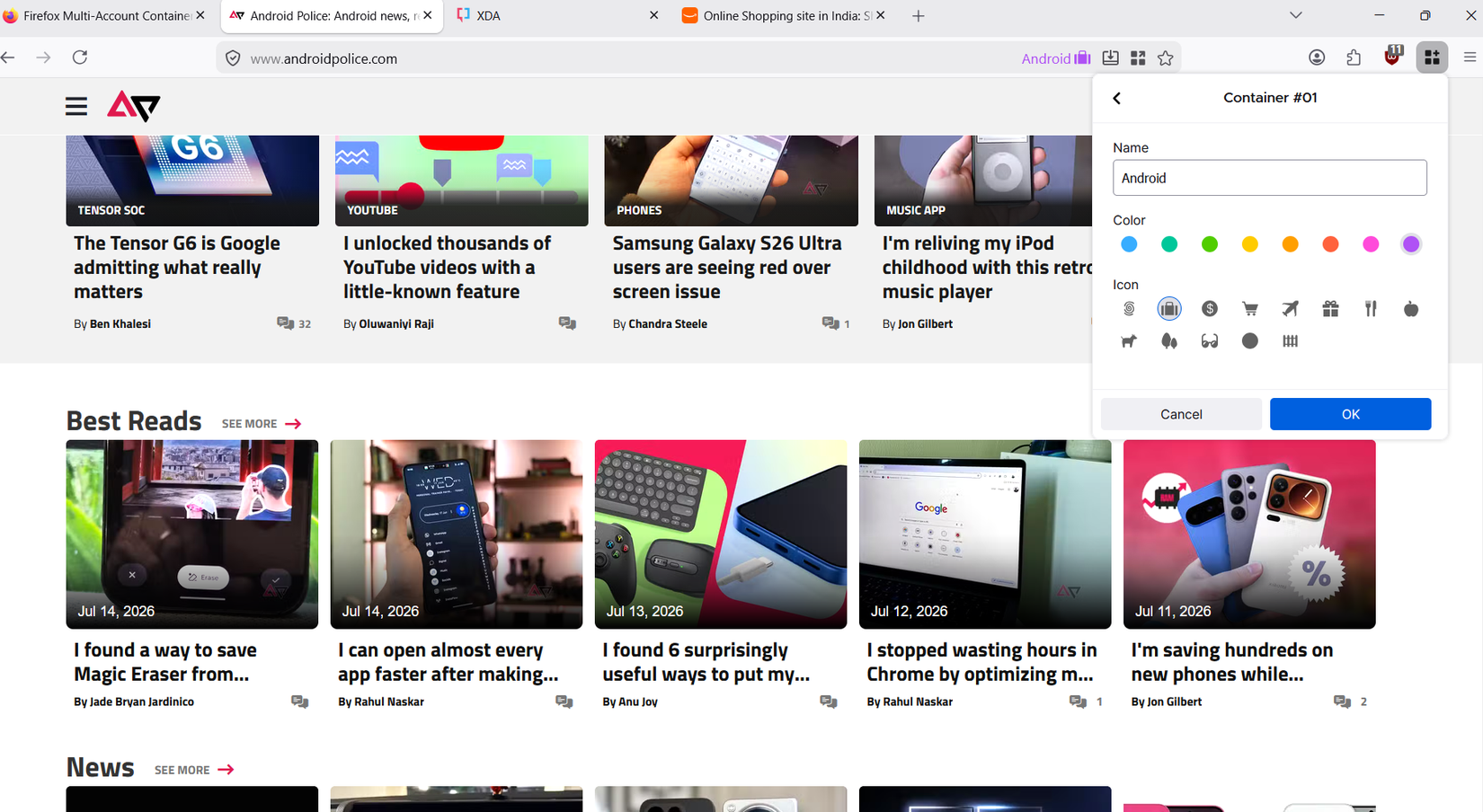 Captura de tela mostrando como personalizar um contêiner no Firefox