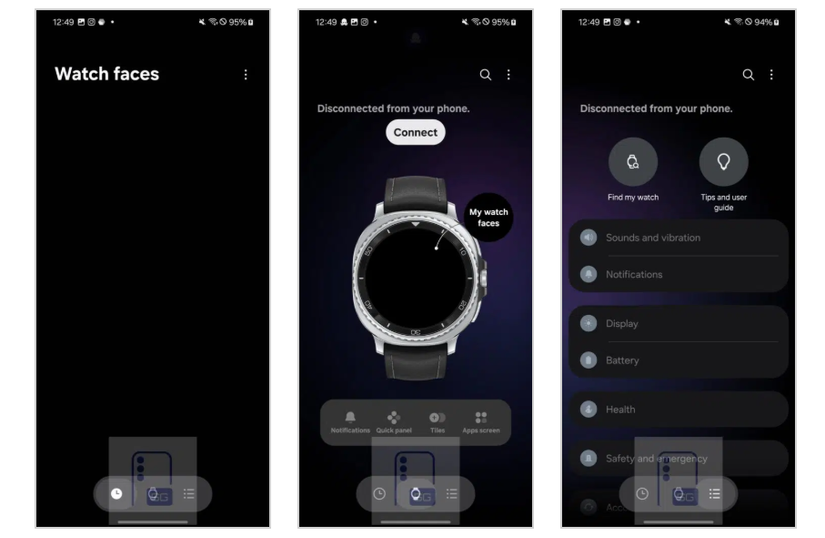 o relógio enfrenta telas no aplicativo Galaxy Wearables