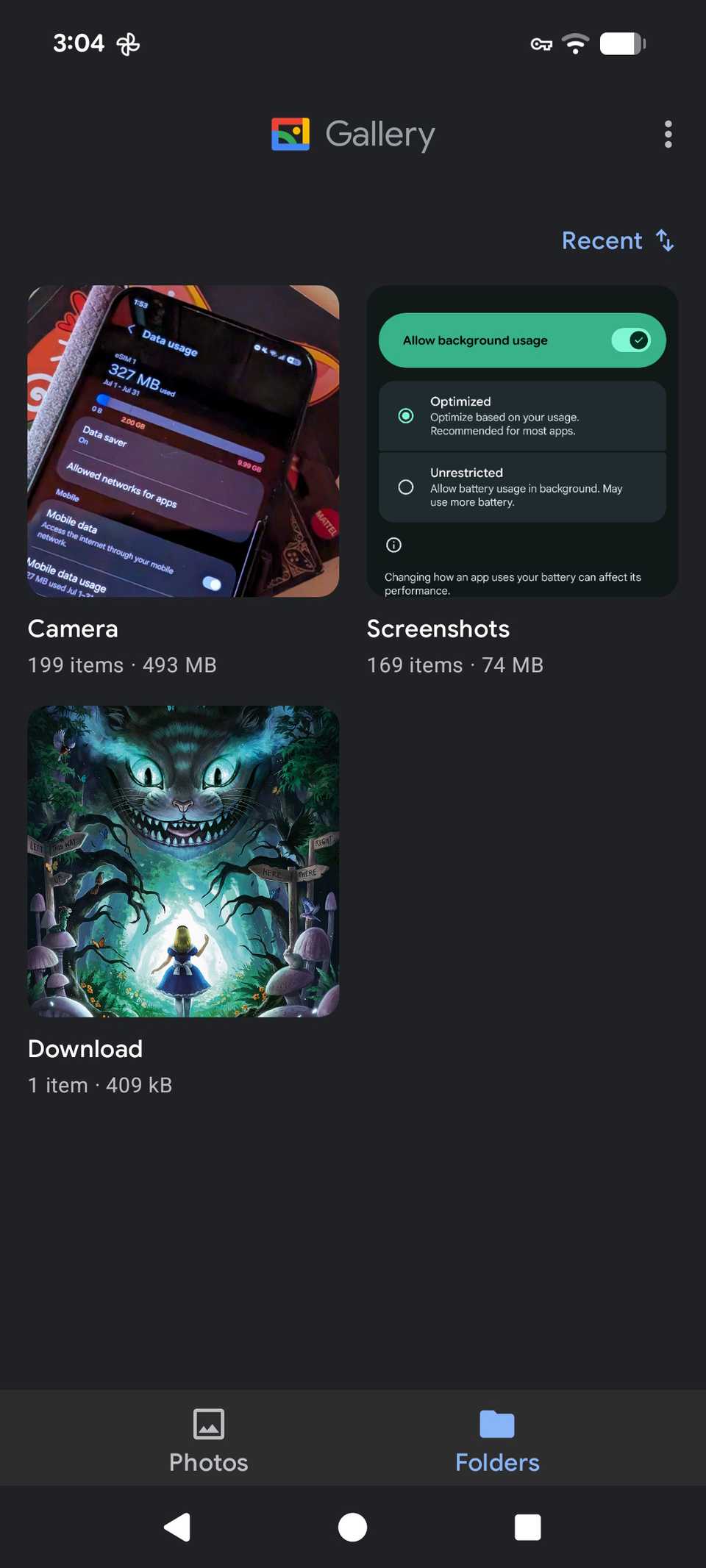 Gallery by Google app showing main categories for photos in Folders section