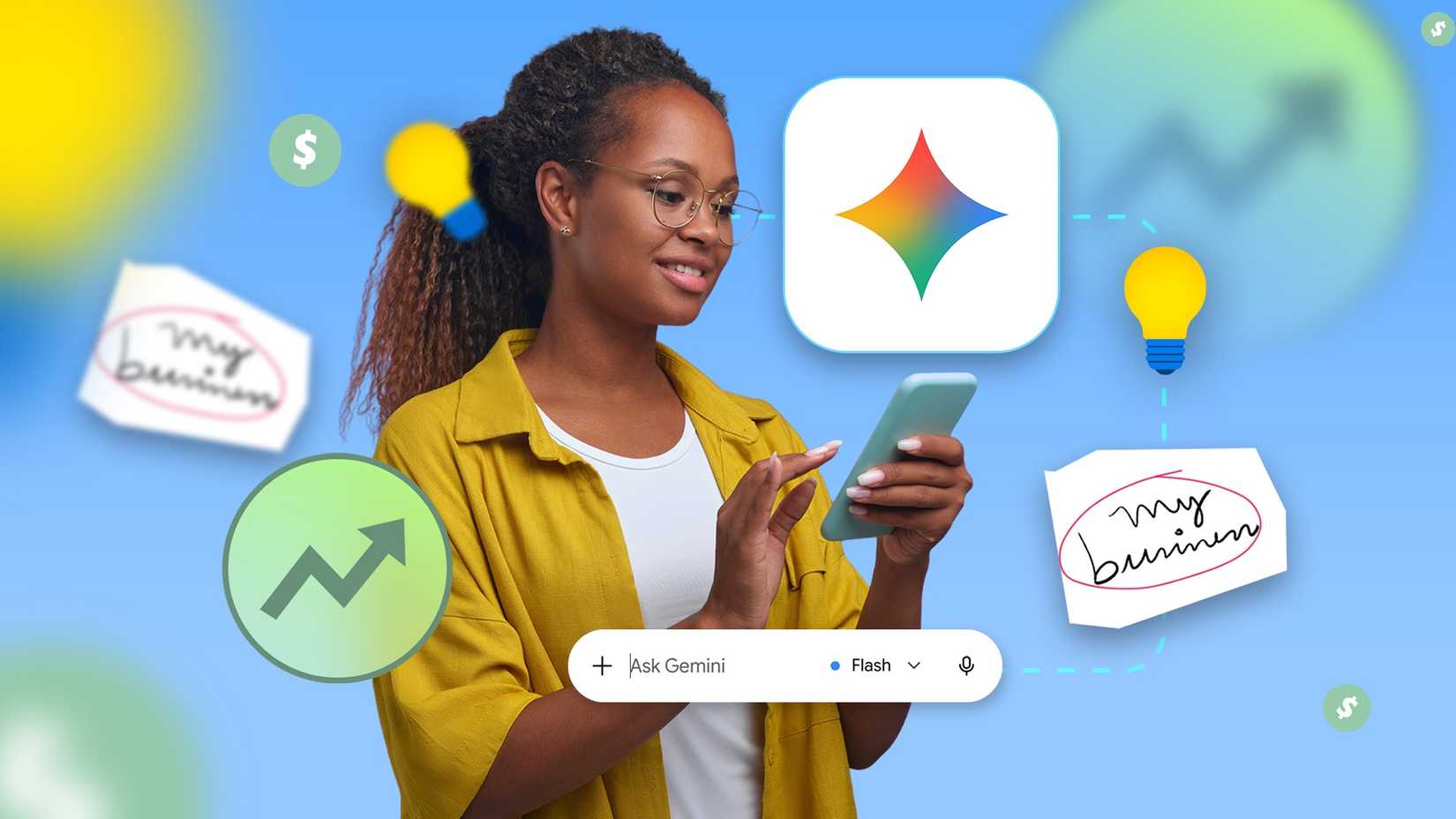 Woman using Gemini on her phone while surrounded by business related icons
