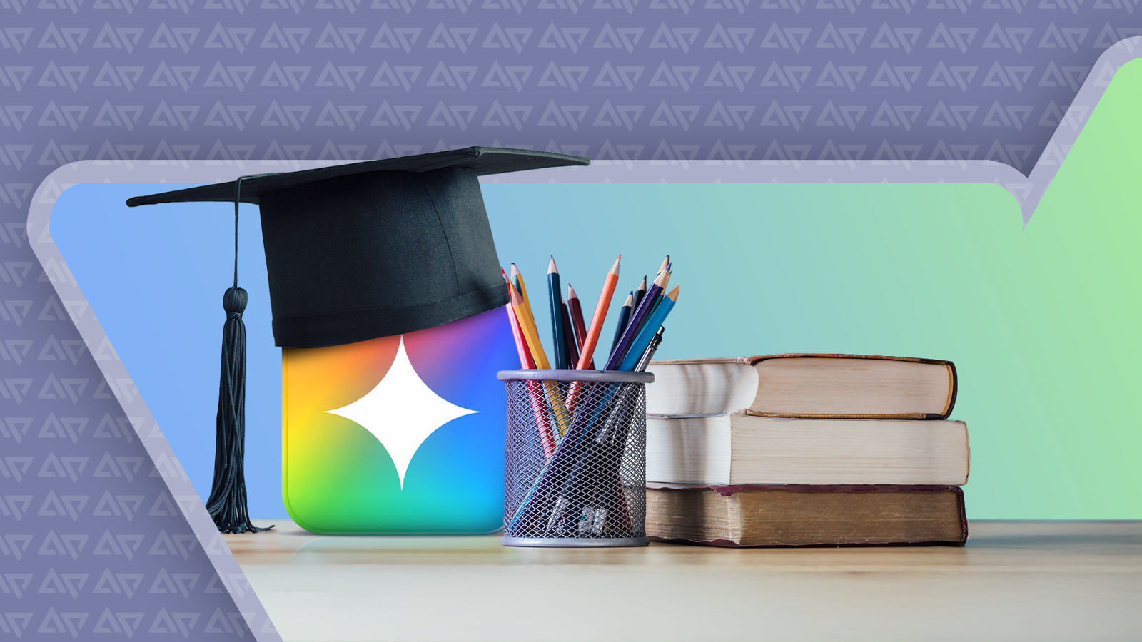 Gemini icon with a graduation cap, pencils, and books on a study desk.