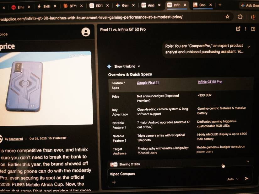 User comparing phone specs with self-created comparison skill in Gemini Chrome sidebar