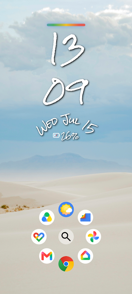 wallpaper of sandy dunes and blue sky with apps at bottom of screen in circular layout