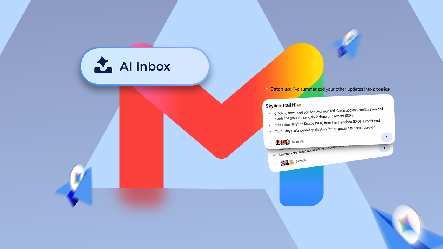 Gmail AI Inbox with Gemini summary cards and paper plane icons.