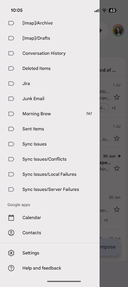 side menu of email labels in gmail