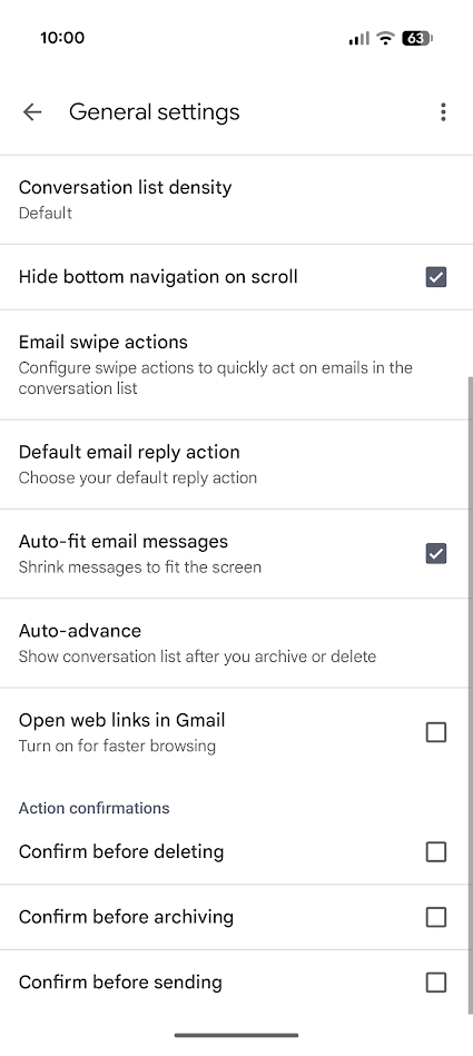 list of settings and checkboxes in gmail settings page