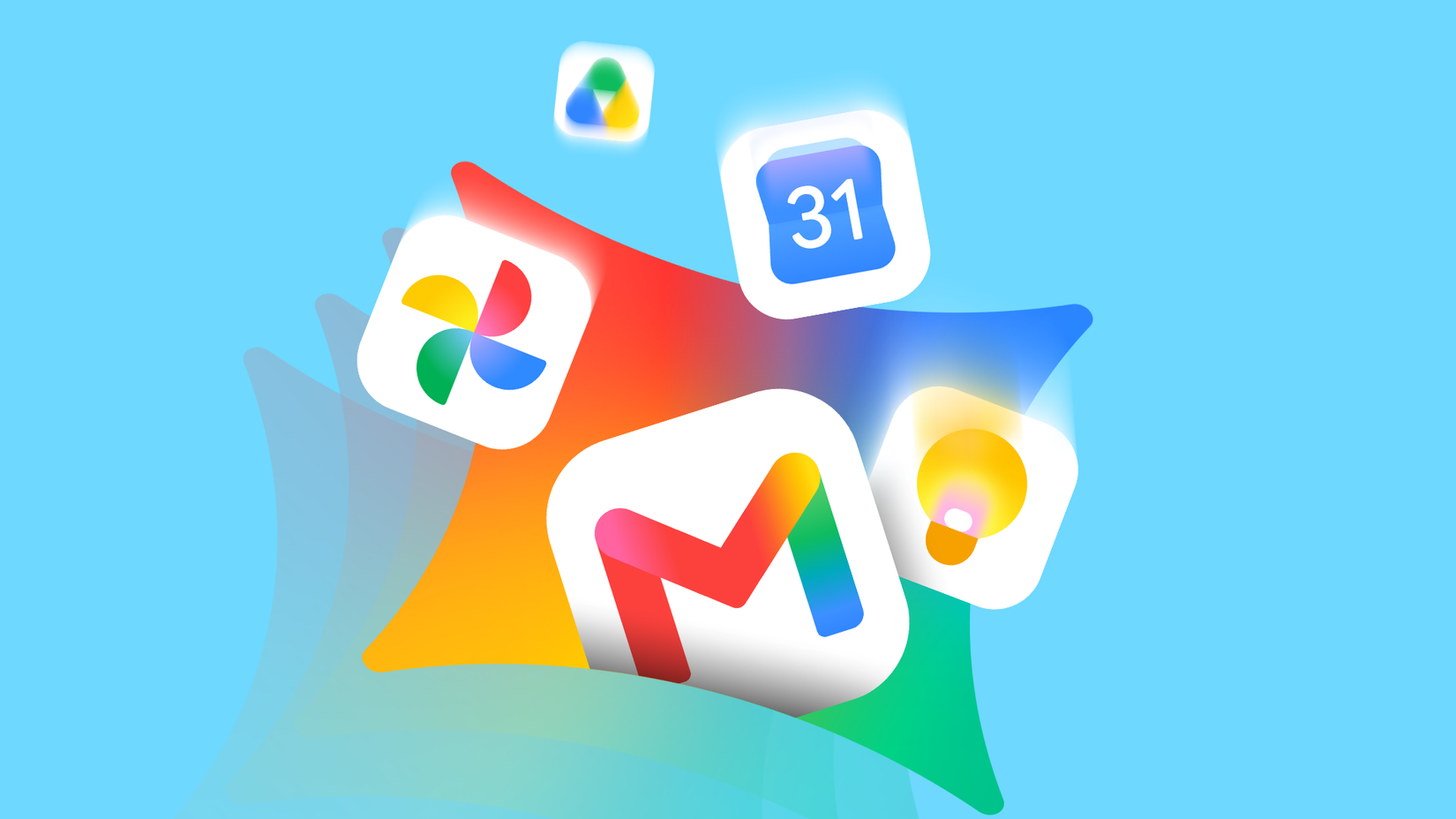 Google app icons floating around a colorful Gemini shape