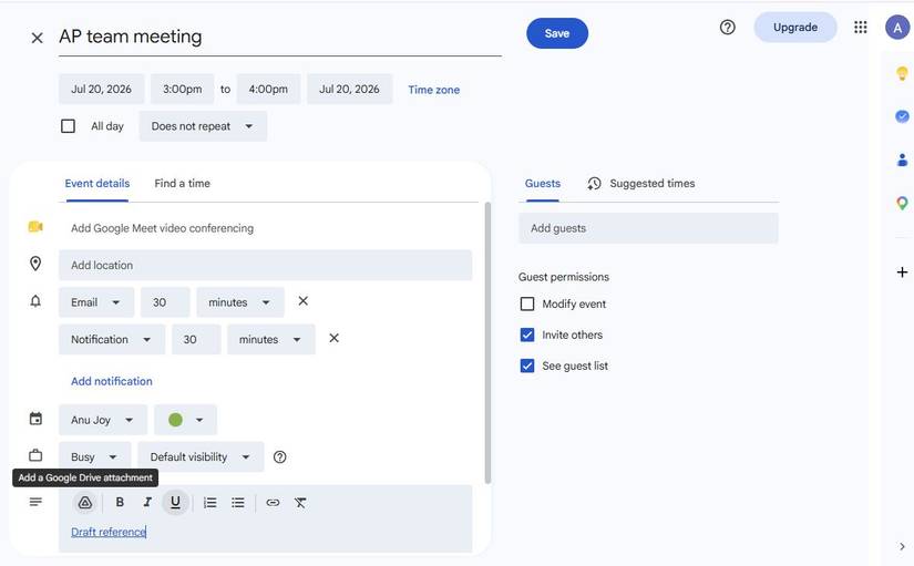 Captura de tela mostrando como anexar arquivos no Google Agenda