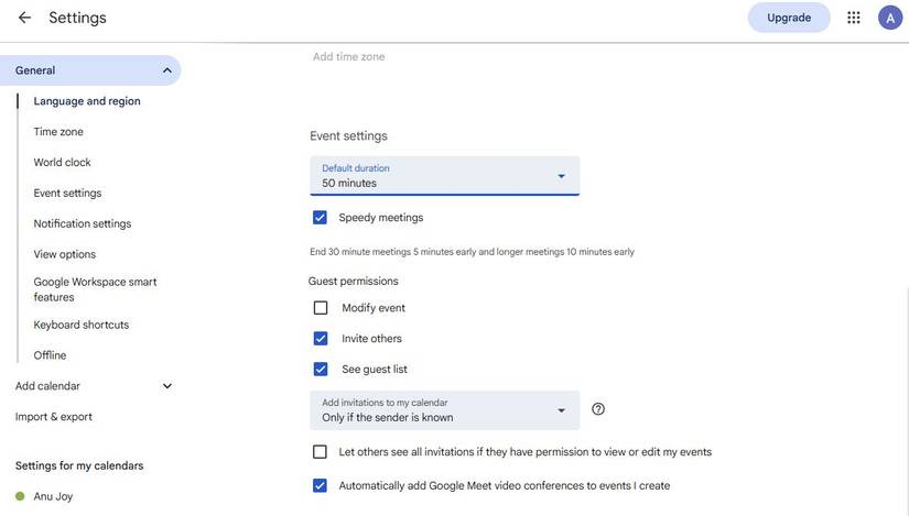 Screenshot showing the Speedy meetings option in Google Calendar