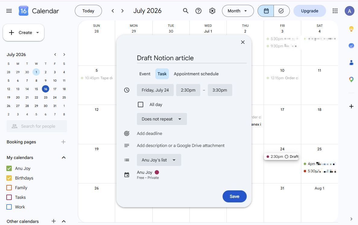 Screenshot showing task details in Google Calendar