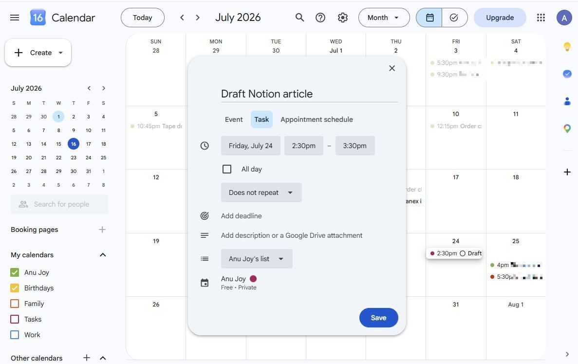 Screenshot showing task details in Google Calendar