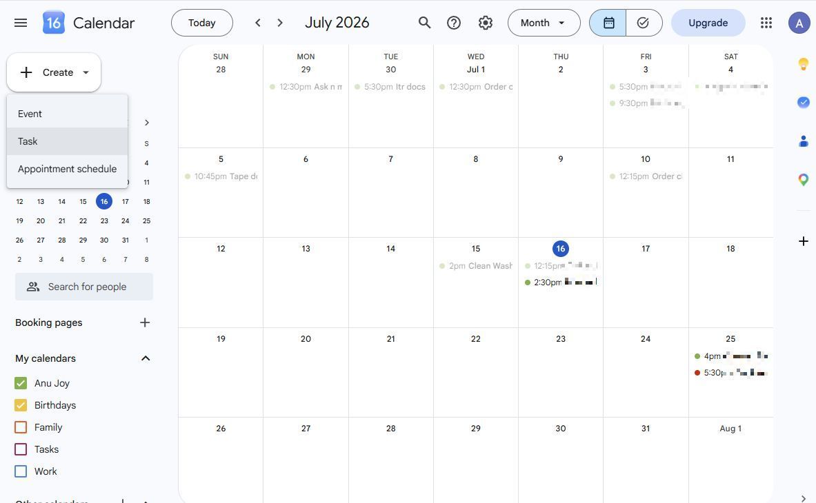 Screenshot showing how to add a task in Google Calendar