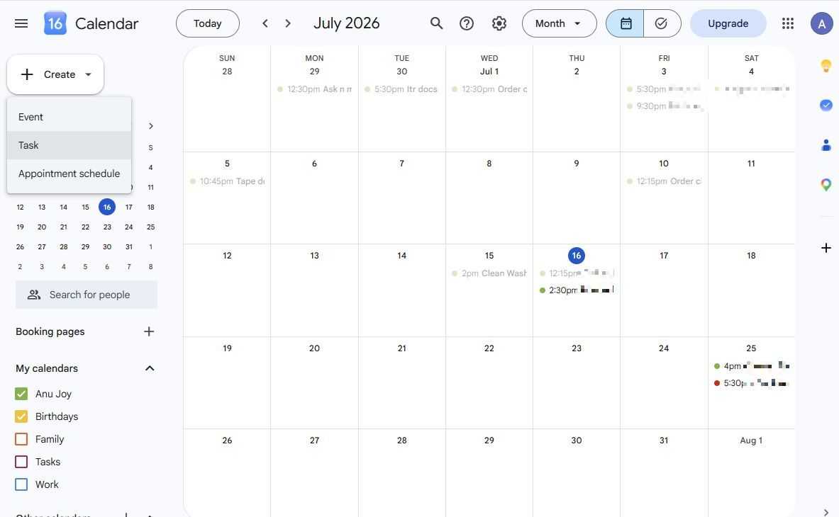Screenshot showing how to add a task in Google Calendar