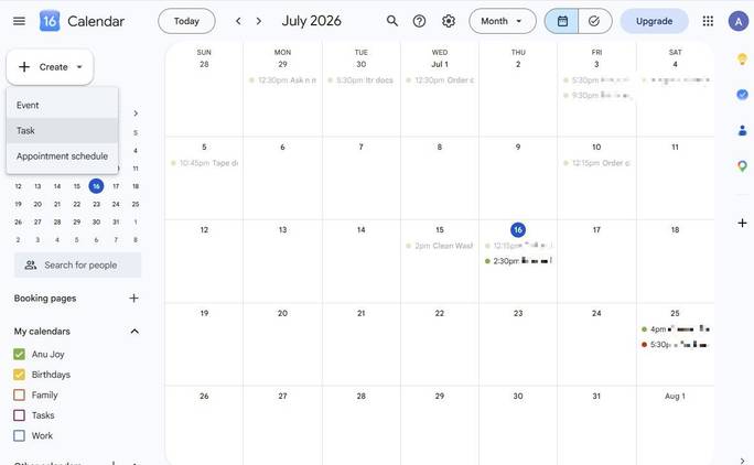 Screenshot showing how to add a task in Google Calendar