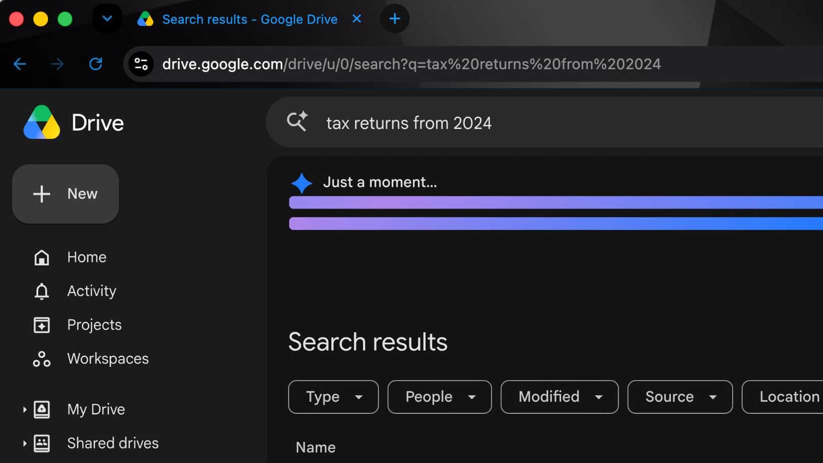 Google Drive mostrando uma pesquisa de visão geral de IA em andamento.