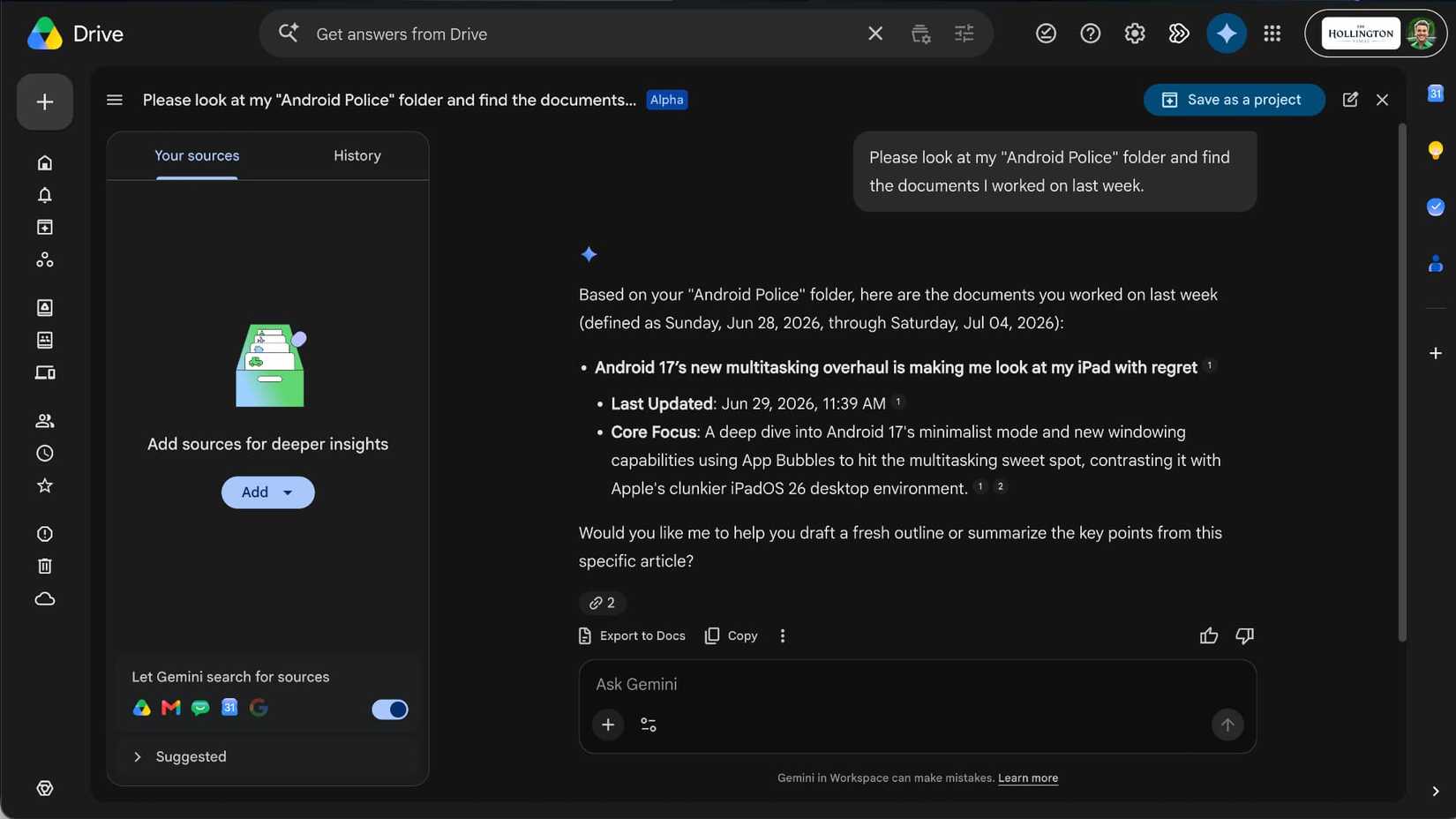 Google Drive mostrando uma pesquisa em linguagem natural do Ask Gemini.