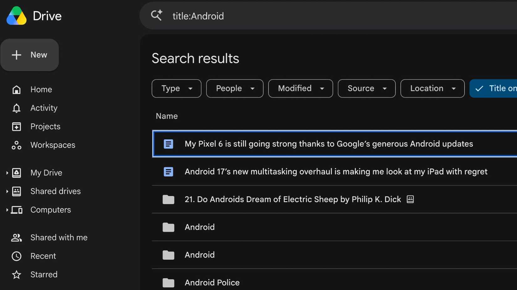Google Drive mostrando pesquisa usando operadores de pesquisa tradicionais.