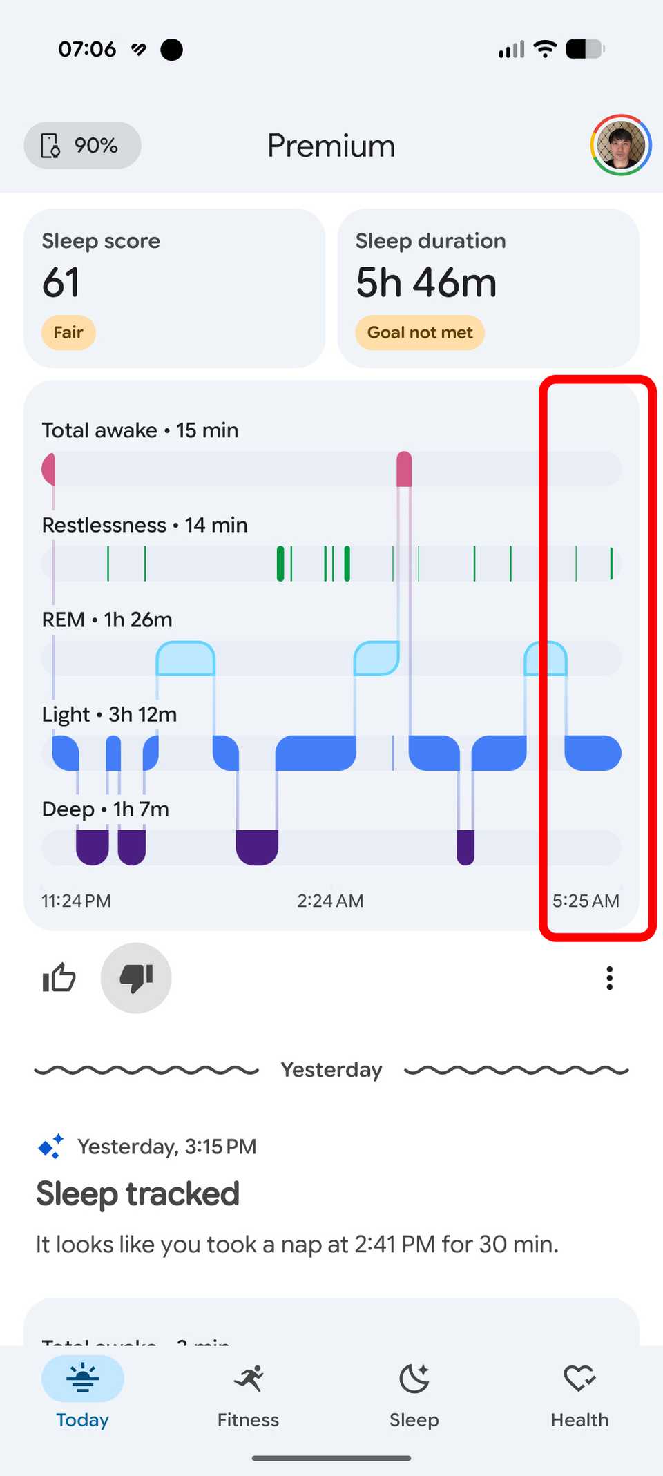 Sleep insight on Google Health app showing the Fitbit Air stopped tracking the remaining sleep after 5:25AM