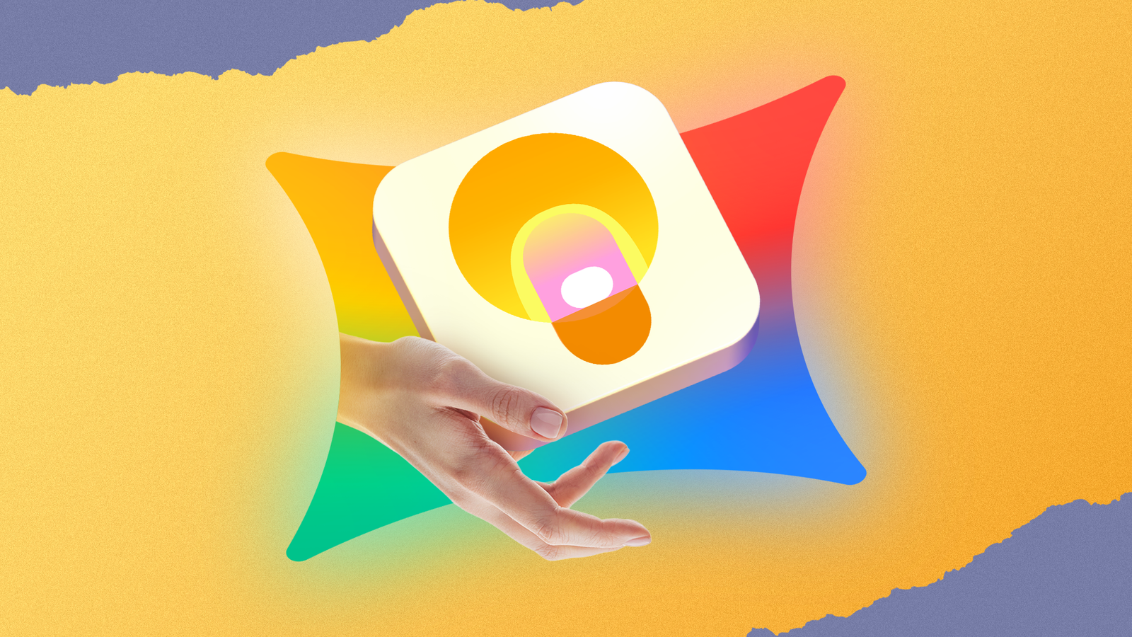 Google Keep icon above an open hand with a colorful Gemini shape in the background.
