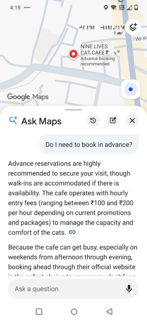 Screenshot showing Ask Maps feature in Google Maps
