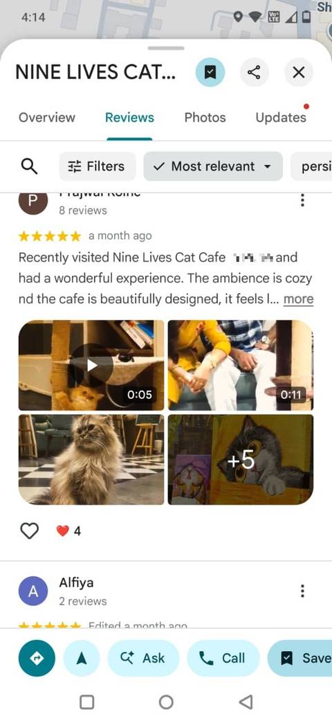 Screenshot showing reviews in Google Maps