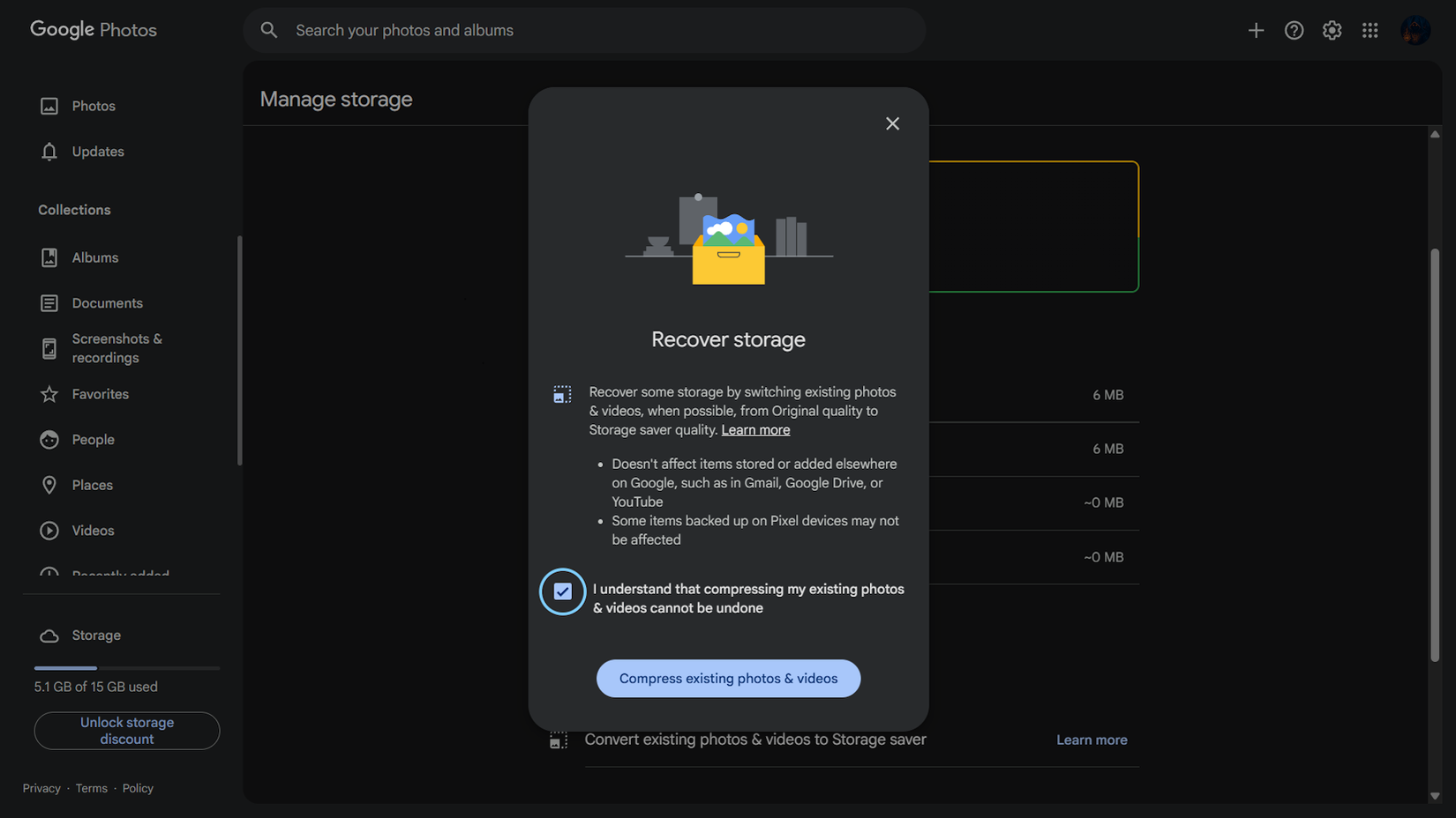 Configurações de armazenamento do cliente da web do Google Fotos